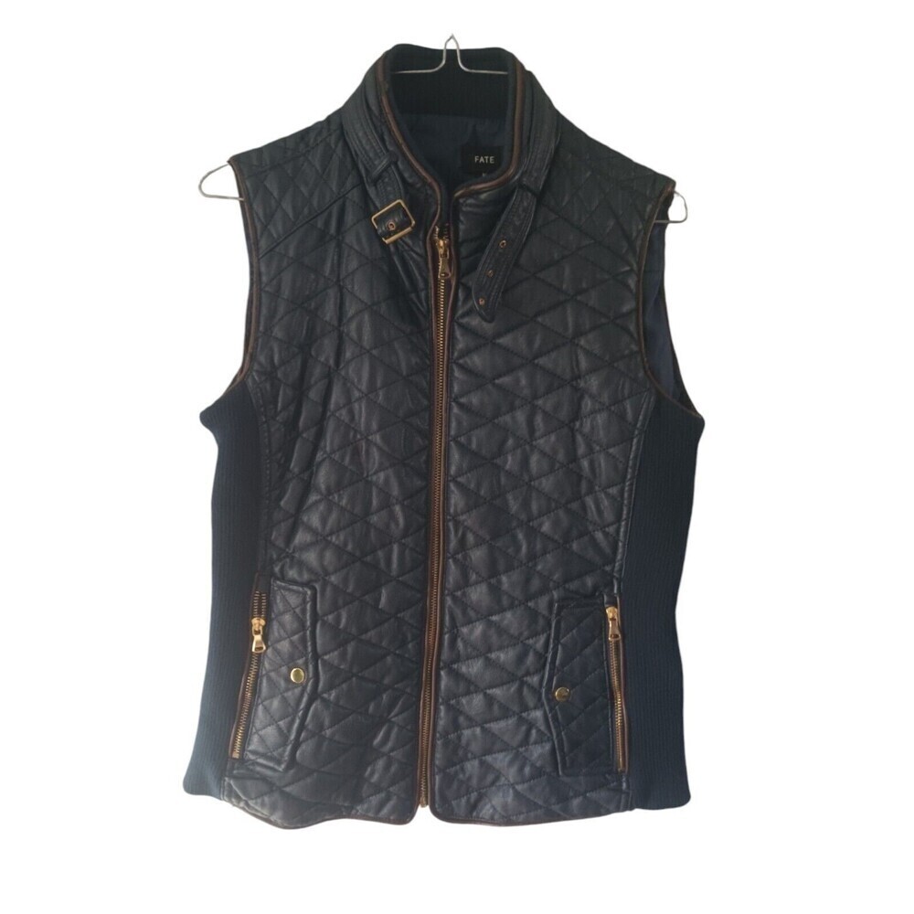 FATE |  Quilted Faux Leather Sleeveless Vest | Navy Blue | Women’s Size Med